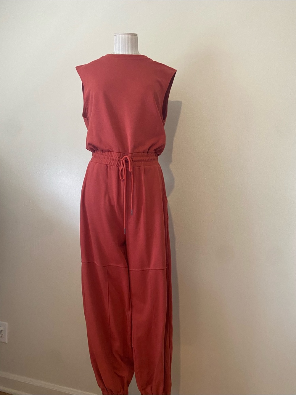 Sleeveless Drawstring Jumpsuit in Rust Red